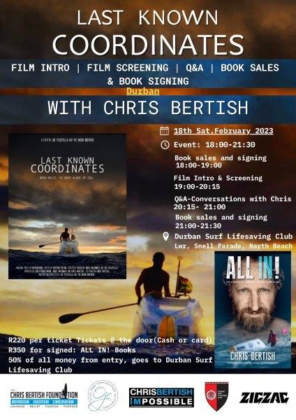 Join legendary ocean pioneer Chris Bertish in Durban for his All In! book launch and film screening