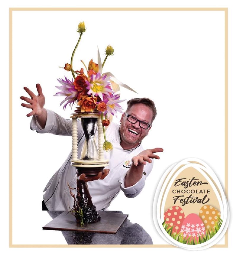 Top Pastry Chef demonstrating Easter Egg and chocolate showpieces at Easter Chocolate Festival