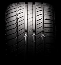 Arrows point to Tread Wear Indicator, which enable motorists to visually compare their tyre tread depth to the legal minimum tread of 1 mm.