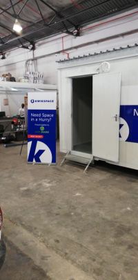 A portion of the Kwikspace relocatable unit at the Kaap Agri store in Paarl and one of the promotional banners. Sales personnel receive Kwikspace training and are perfectly positioned to answer any Kwikspace queries.