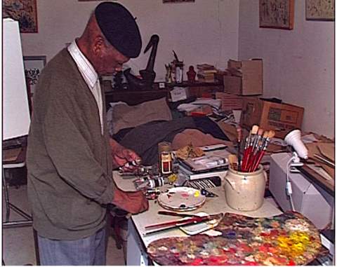 Renowned South African Artist Ernest Mancoba in his studio. 