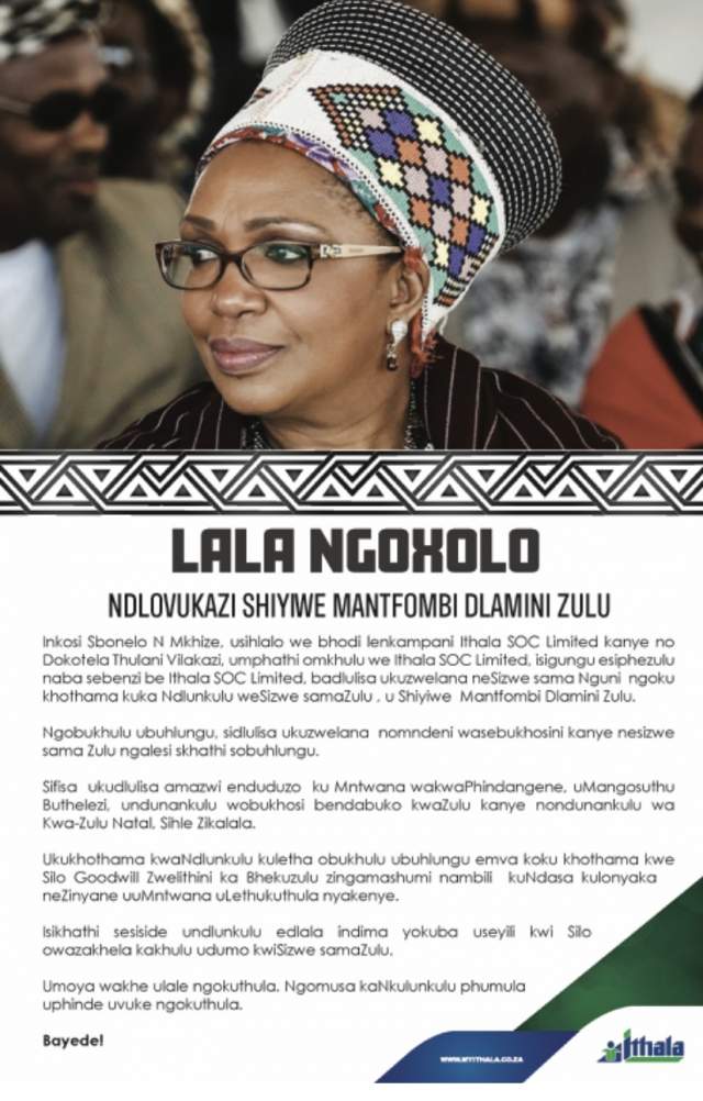 Ithala SOC Limited on the Passing away of the regent of the Zulu Nation, Queen Shiyiwe Mantfombi Dlamini Zulu