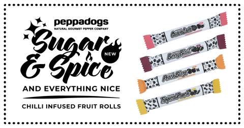 TropicalPunch, BerryBlast, PeachBlaze and GuavaLava chilli infused fruit rolls