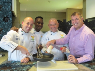 Celebrating the City Lodge Hotel Group’s accommodation sponsorship of the SA National Culinary Team at City Lodge Hotel Fourways are (left to right): Chef Jerome Norton (Four Seasons, The Westcliff); Chef Vusi Ndlovu (The Saxon); Chef Heinz Brunner, (The Local Grill and team manager); and Peter Schoeman, City Lodge’s Divisional Director, Sales and Marketing  