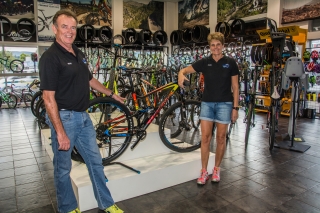 Wally &amp; Ingrid Flint at Jowetts with French Lapierre bikes