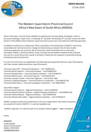 The Western Cape Interim Provincial Council - Africa’s New Dawn of South Africa (ANDSA)