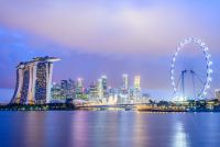 Landmark waterfront urban bay dusk