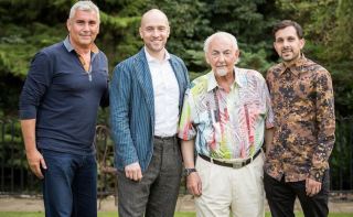 David Berglas, renowned magician and newly appointed Member of the Order of the British Empire with Marvin Berglas, Derren Brown and Dynamo.