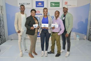 In this picture (from left to right): •	Mlungisi Nkomo, VR app developer from Vosloorus •	Thuso Motau, household-detergent manufacturer from Pretoria – second place •	Mmatsatsi Rampa, paint manufacturer from Johannesburg North – first place •	Sipho Mampe, lab-equipment manufacturer from Soweto – third place •	Thami Biyela, software developer from Soweto